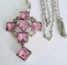 Vintage Art Deco Silver Pink Pendant & Barrel Clasp Chain. 17.5"