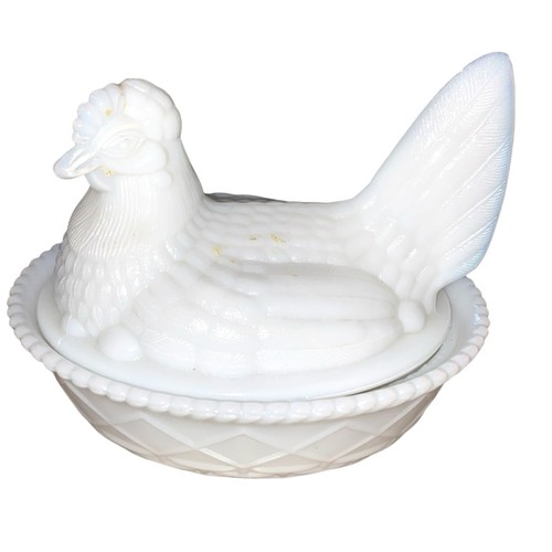 Milk glass hen - glass, covered