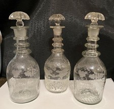 Group Three Small 21cm George III Irish 3 Ring Engraved Glass Decanters Stoppers