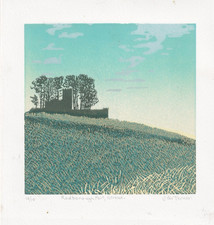 Rodborough Fort, Stroud,  linocut print signed Jim Turner.