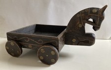 Vintage Carved Wooden Horse With Tray / Box Cart + Wheels Rajasthan Folk Art