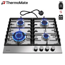 ThermoMate 60 cm Gas Hob 4 Burners Built in Gas Cooktop Cast Iron Support NG/LPG