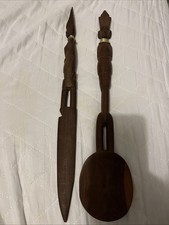 SET OF 2 African Hand Carved Wooden Serving Knife & Spoon Utensils.