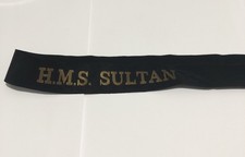 HMS  Sultan  - Genuine Used Royal Navy Cap Ribbon - Gold Thread - Full Length