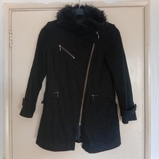 Zara Medium Wool Feel Zip Up Hoodless Coat Fur Collar Pockets