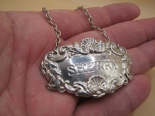 Vintage  Ornate Sterling Silver SHERRY Bottle Tag / Decanter Neck Drinks Label