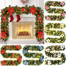 9FT Pre Lit Christmas Garland with LED Lights Door Wreath Xmas Fireplace Dec