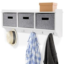 5 Hook Wooden Wall Mounted Coat Rack Display Storage Unit With Fabric Basket