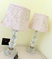 Set Of 2 Matching Table Lamps, Cut Glass Art Deco Style Antique with Lampshades