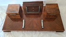 Art Deco Walnut Desk Tidy Inkwells Pen stand Date Frame