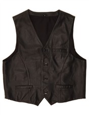 VINTAGE Mens Leather Waistcoat IT 54 2XL Black Leather DL74