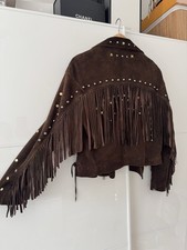 Brown Studded Fringe Bohemian Jacket Suede Leather Zara Premium Small 8 10 Boho