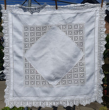 Vintage linen and lace tablecloth, monogram G, laundered, 38"