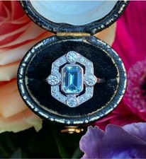 Art Deco Style Aquamarine And Lab-Created Diamond Cluster Ring Sterling silver