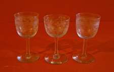 Set Of 3 Edwardian Style Etched Sherry Glasses Vintage Clear