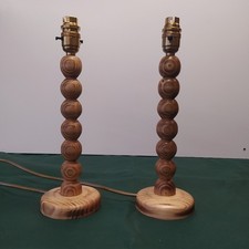 Pair of Rustic Wooden Turned Table Lamps Oak Wax & Danish Oil finish 32cm Tall