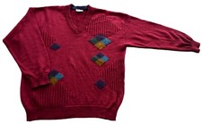 Vintage Jumper Mens 80s Burgundy Patterned V Neck Retro Mod Indie Large 44"