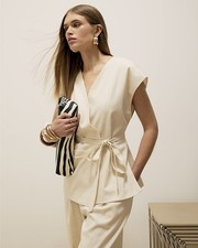 River Island Womens Tunic Cream Linen Blend Wrap Tie Sleeveless V-Neck