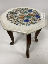 Handcrafted Inlaid Marble Top Accent Marble Semi Precious Stone Table 15" Tall