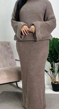 Ladies Knitted Skirt Two Piece Set One Size Uk Brown Beige Wool Mix Warm Winter