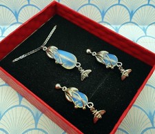 Vintage 925 Silver Lalique Style Flower Pendant Necklace & Earrings Set with Box