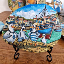 Painting on Stone Hand Painted Stones Slate Gift Mevagissey with Local Seagulls