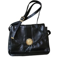 Ladies Black VINTAGE 1980S Jane Shilton Leather Handbag Gold Medallion Strap VGC