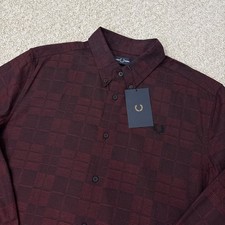 Fred Perry Tonal Tartan Check Shirt Mens Large Red Cotton Button Up BNWT
