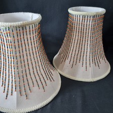 Vintage Pair Set Of 2 Cream Silk Satin Multicoloured Beaded Lampshades 11in