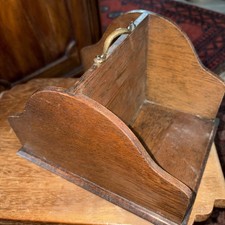 Antique Small  Oak Book Trough / Book  Cd Shelf With Brass Carrying Handle