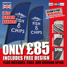 Fish and chips, outdoor banner printed sign feather flag barber shop promotion