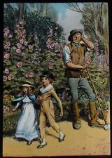 Glass Magic Lantern Slide CHILDREN IN GARDEN C1890 VICTORIAN DRAWING ROSE BUSH
