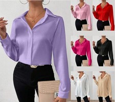 Womens Satin Silk Solid Shirt Ladies Casual Loose Button-up OL Work Blouse Tops
