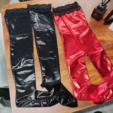 2PCS PVC Leather Shiny Long Socks Thigh-High Stockings Wet Look Lace Hold Ups UK