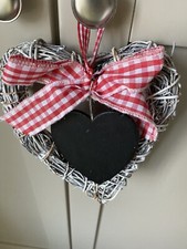 Wicker Hanging Heart, Grey With Gingham Ribbon