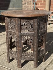Large Antique Anglo Indian Folding Wooden Carved Brass Inlaid Table- Octagonal