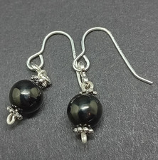 Antique Whitby jet earrings Victorian bead mourning BN sterling silver new wires
