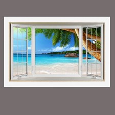 Caribbean Sea Palm Tree Beach Tropical 3D Effect Bay Window Canvas Picture Art
