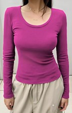 WOMENS LADIES LONG SLEEVE STRETCH PLAIN SCOOP NECK T SHIRT TOP ASSORTED 8-26