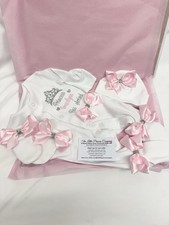 Baby Girl coming Home Outfit sleepsuit Hat Mitts Personalised Princess NEWBORN