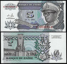 ZAIRE 5 NOUVEAUX MAKUTA (P49) 1993 UNC