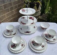 Lovely Vintage Bone China Tea Set & Cake Stand Mixed Red Roses