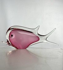 Vintage Murano Art Glass Sommerso Pink Fish Paperweight Ornament Cased