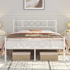 Double Bed Frame Metal Slatted Bed Base Solid Mattress Foundation with Headboard