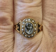 Antique 15ct Gold Agate Forget-me-not Cameo Enamel Mourning Ring Free Sizing 