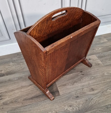 Antique Solid Oak Magazine Paper Rack – Arts & Crafts Deco Style – Carved Handle
