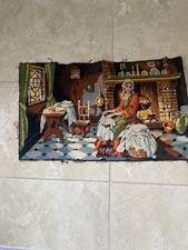 Completed  French vintage tapestry  kitchen scene. Lady by fireplace, cat