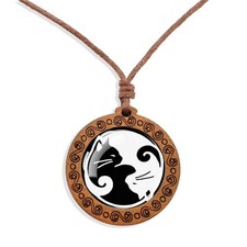 Boho Yin Yang Cats Wooden Pendant Necklace Men's Women's Jewellery