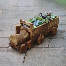 Garden Modern Wooden Train Wheel Barrow Planter Flower Carts Ornamental Pot L5U7