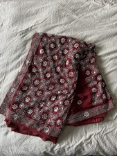 Saree - Short Sleeve Blouse - Maroon/burgundy - Silver Stone And Sequins 